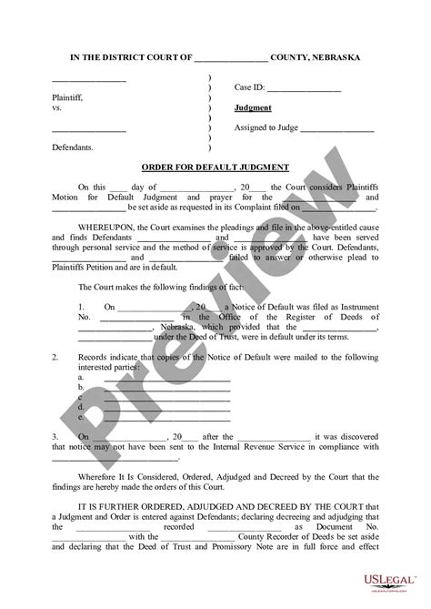 Nebraska Order For Default Judgment Nebraska Default Us Legal Forms