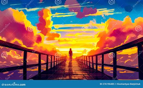 Painting Of Person Walking On Bridge At Sunset With Clouds In The