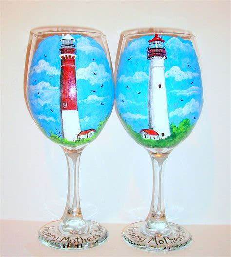 Lighthouses Set Of 2 20 Oz Wine Glasses Hand Painted Barnegat Cape May Lighthouse Wedding