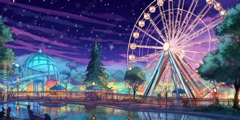 Theme park amusement park animation background with Ferris wheel anime ...