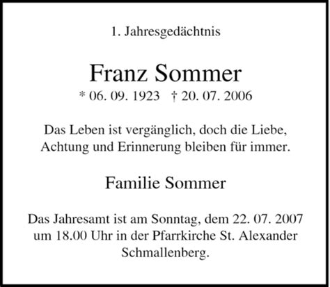 Traueranzeigen Von Franz Sommer Trauer In NRW De