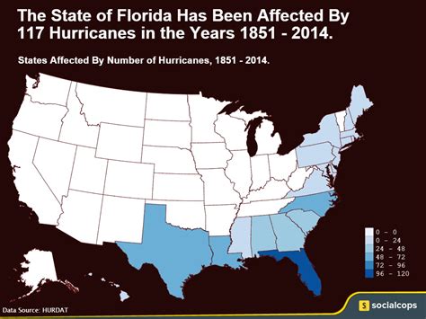 Map showing number of hurricanes that have affected each state in the ...