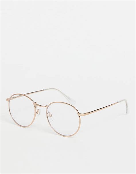 Asos Design Metal Round Clear Lens Glasses In Rose Gold Asos