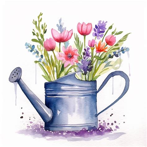 Premium Photo A Watercolor Painting Of Flowers In A Watering Can