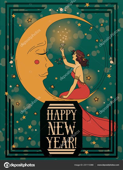 Card Happy New Year Art Deco Style Witn Crescent Retro Stock Vector ...