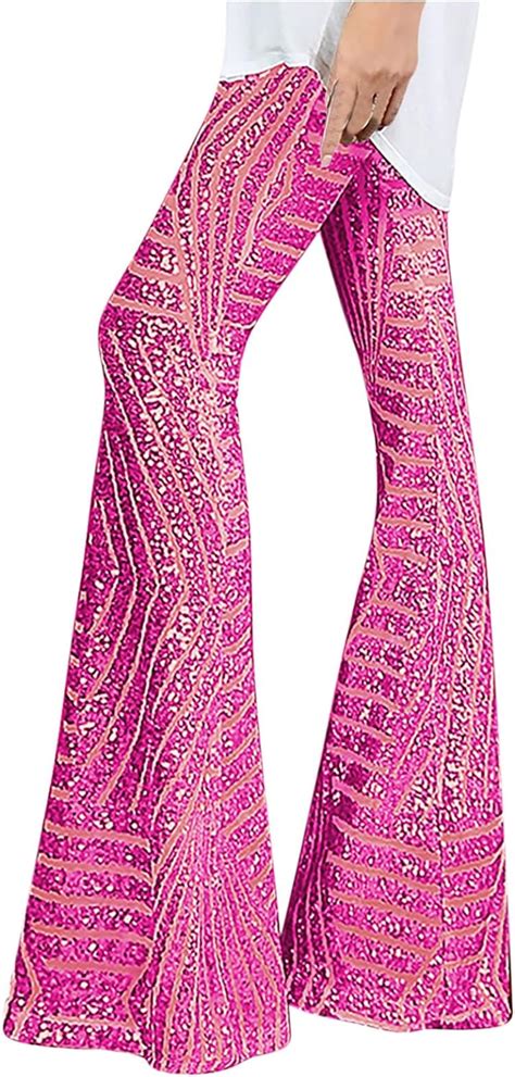 Women Sequin Bell Bottom Pants Glitter Sparkle High Waist Flared Wide