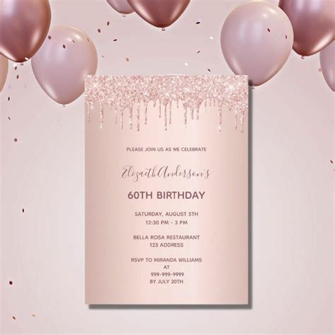 60th Birthday Party Rose Gold Glitter Drip Invitation Zazzle In 2023