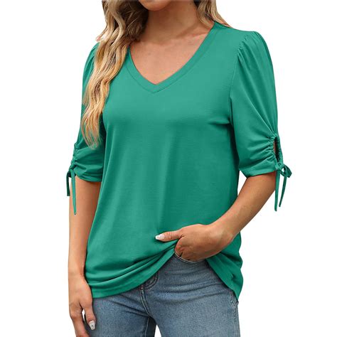 Erwazi T Shirts For Women Summer Tops V Neck Tie Elbow Sleeve Tees Tops Loose Casual Basic