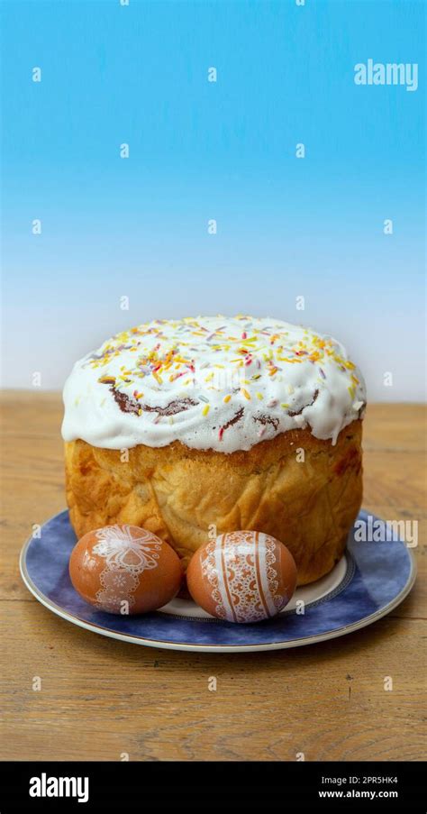 Traditional Ukrainian Easter Food Pysanky Eggs And Paska Iced Fruit Bread Also Kulich In