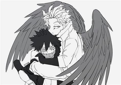 two anime characters hugging each other with wings