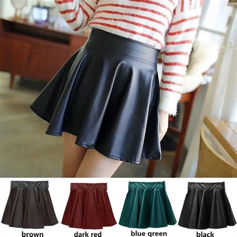 Pu Leather Women Stretch High Waist Skirts Flared Pleated Mini Skirt