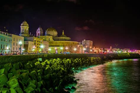 Night View of the Illuminated Waterfront in Cadiz with Its Majestic Cathedral...IMAGE Stock ...