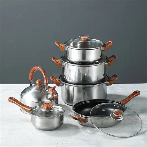 12 Piece Non Stick Stainless Steel Cookware Set Wood Grain Handle