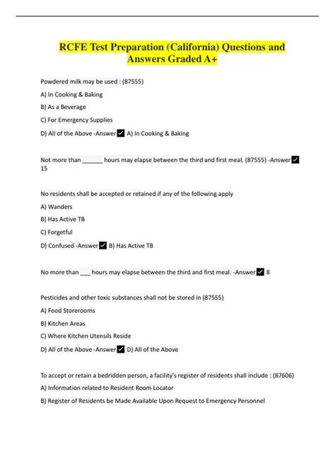 RCFE Test Preparation California Questions And Answers Graded A