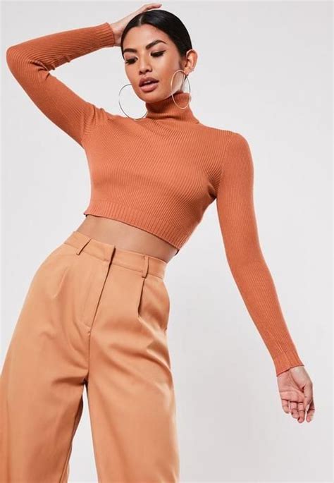 Rust Turtle Neck Ribbed Knit Crop Top In 2020 Knit Crop Top Knitwear