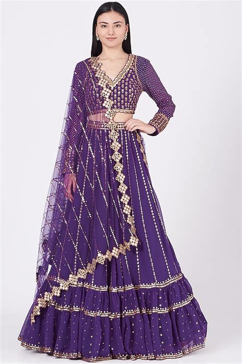 Purple Georgette Hand Embroidered Lehenga Set Design By Vvani By Vani