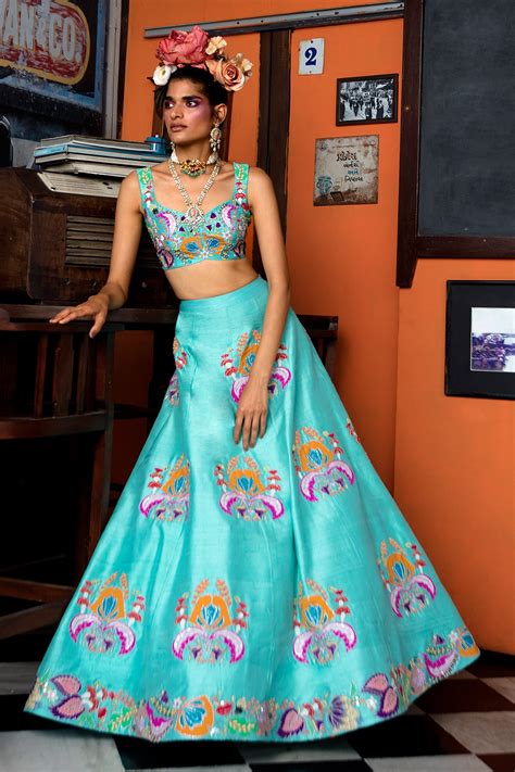 Buy Aisha Rao Blue Hand Embellished Raw Silk Lehenga Set Online Aza Fashions