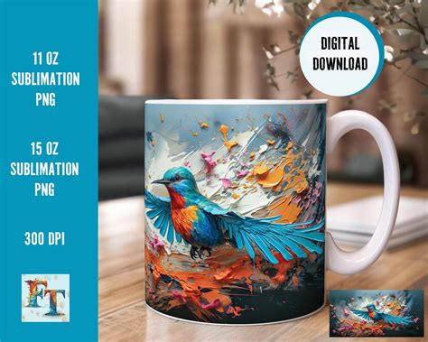 3D Sublimation Tassen Design Kolibri Ölmalerei Style PNG 11oz und 15oz