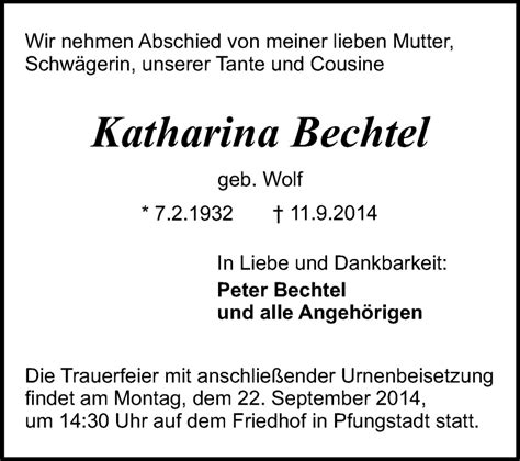 Traueranzeigen Von Katharina Bechtel Vrm Trauer De