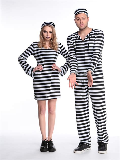 Women Black And White Striped Prison Uniform With Hat For Halloween Cosplay Party At Banggood