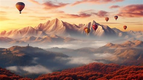 Premium Photo Hot Air Balloons Above The Mountains Colorful Hot Air