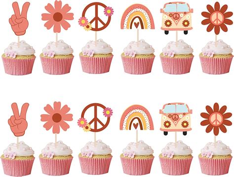 Pieces Hippie Party Cupcake Toppers Two Groovy Party Decorations For