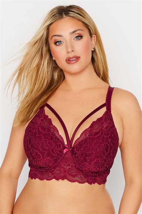 Plus Size Burgundy Red Lace Strap Detail Padded Underwired Longline Bra Yours Clothing