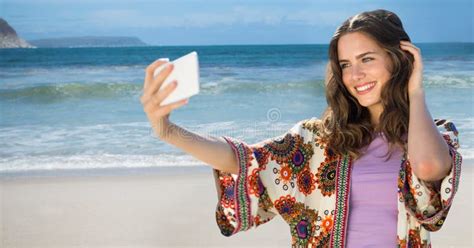 Millennial Girl In Summer Clothes Taking Selfie Against Skyline With