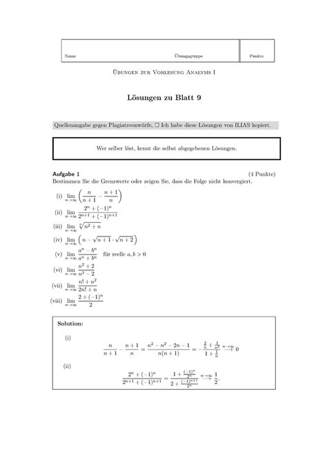 Lösungen zu Blatt 9 Übungen zur Vorlesung Analysis I Name
