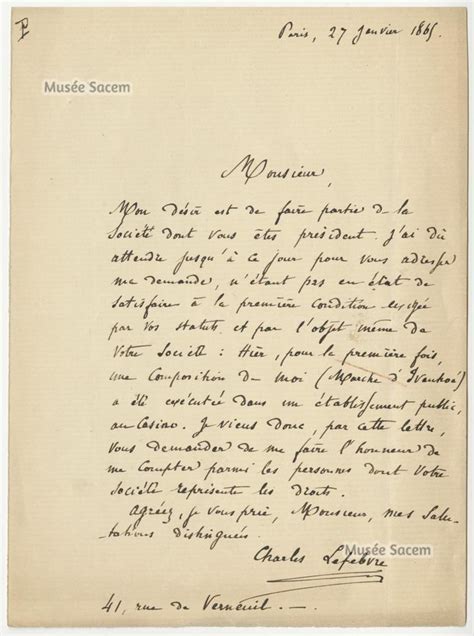 Musée SACEM Courrier de Charles Lefebvre au président de la Sacem