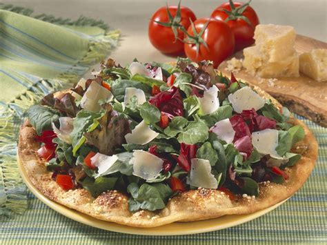 Homemade Flatbread With Fresh Greens Tomatoes And Parmesan Recipe