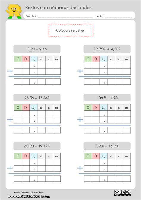 Ejercicios De Restas Con Decimales