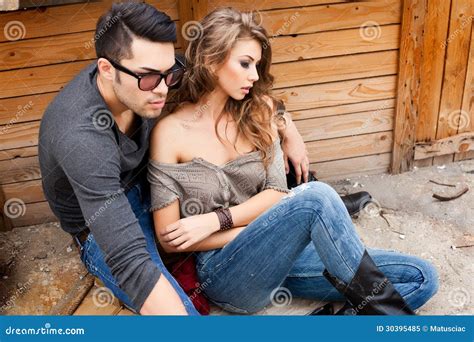 Fashionable Couple Wearing Jeans Posing Dramatic Stock Image Image 30395485