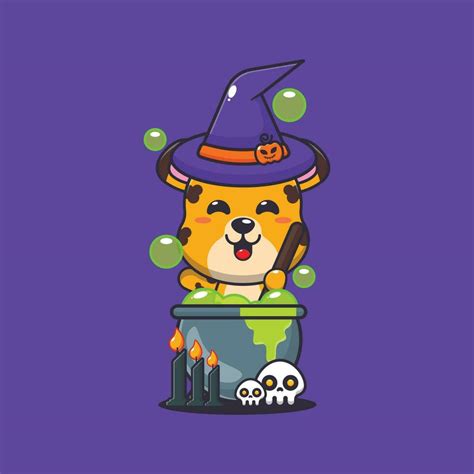 Witch Leopard Making Potion In Halloween Day Cute Halloween Cartoon