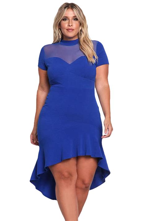 New Royal Blue Mesh Insert Ruffled Hi Low Hem Curvy Dress