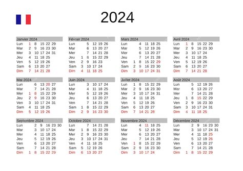 Calendrier De Lannée 2024 En Français Avec Les Jours Fériés En France