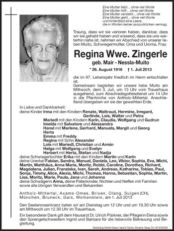 Traueranzeigen Von Regina Zingerle Trauer Bz