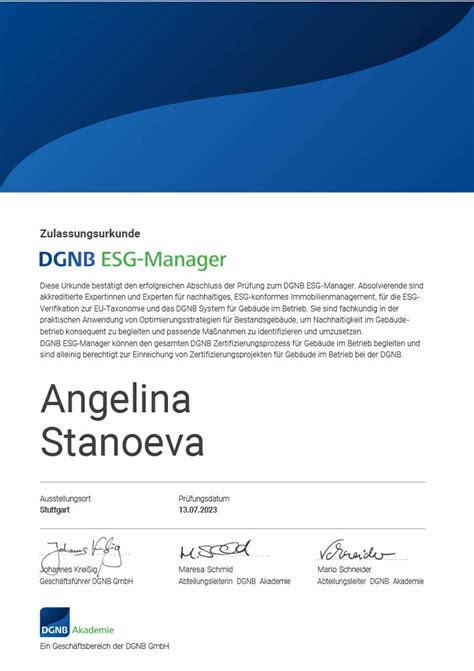 DGNB ESG Manager Zertifikat für M Arch Angelina Stanoeva