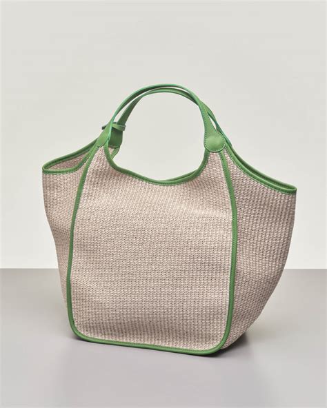 Borsa A Spalla In Raffia Color Ecr Con Profili In Pelle Verde Misura Media