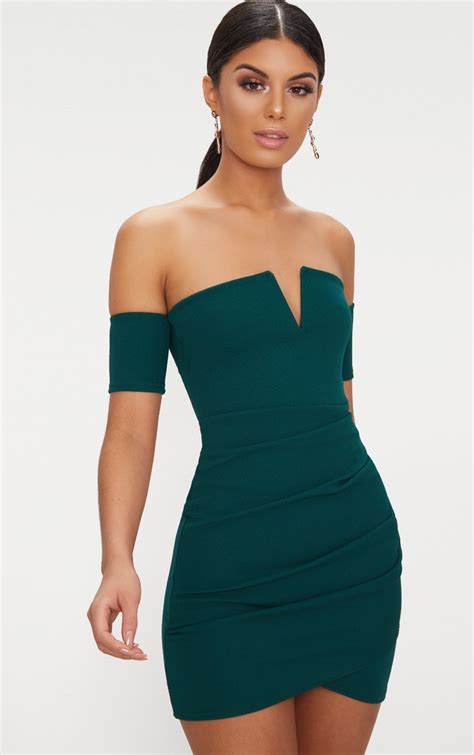 Emerald Green Bardot Wrap Front Bodycon Dress Prettylittlething Uae