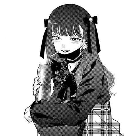 An Anime Girl With Long Hair Holding A Can In Her Hand And Wearing A Black Outfit