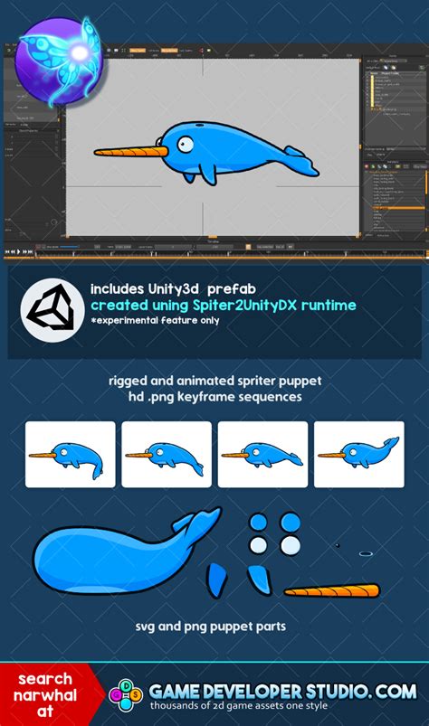 Animated narwhal by Robert Brooks - gamedeveloperstudio.com