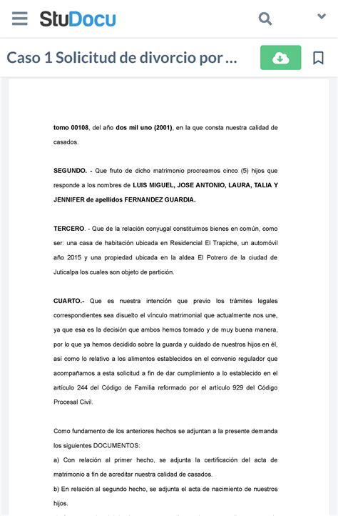 Caso 1 Solicitud De Divorcio Por Mutuo Consentimiento Solicitud De