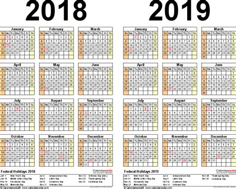 2018 2019 Calendar Free Printable Two Year Pdf Calendars