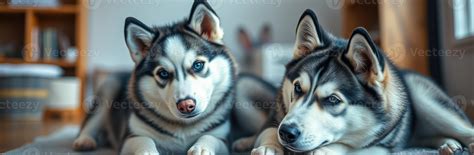 Two playful Siberian huskies relaxing indoors in a cozy living room
