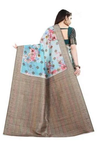 Party Wear Sky Blue Jacquard Digital Printed Saree With Blouse Piece