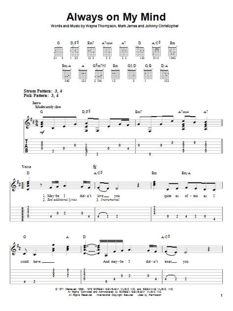 Always On My Mind Sheet Music Willie Nelson Easy Guitar Tab