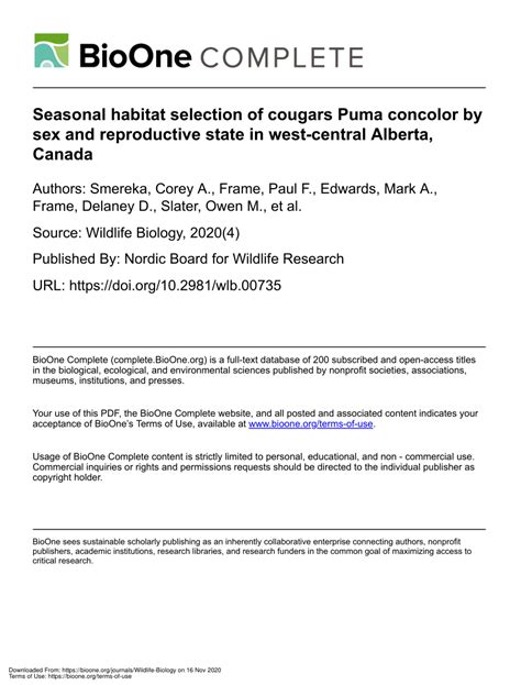 PDF Seasonal Habitat Selection Of Cougars Puma Concolor By Sex And Reproductive State In West