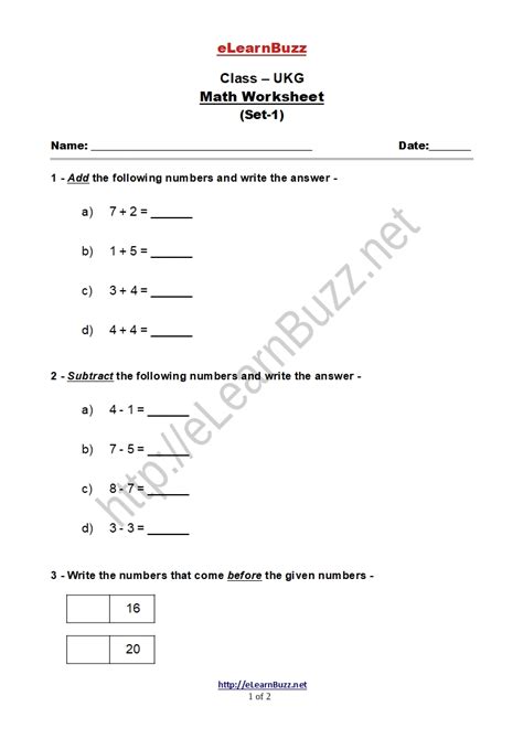 Math Worksheet For Ukg Kids Set 1 Elearnbuzz