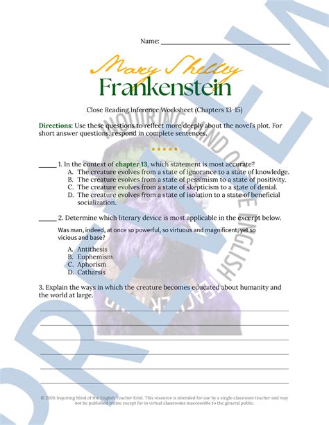 Frankenstein Chapters 13, 14, and 15 Close Reading Analysis Worksheet